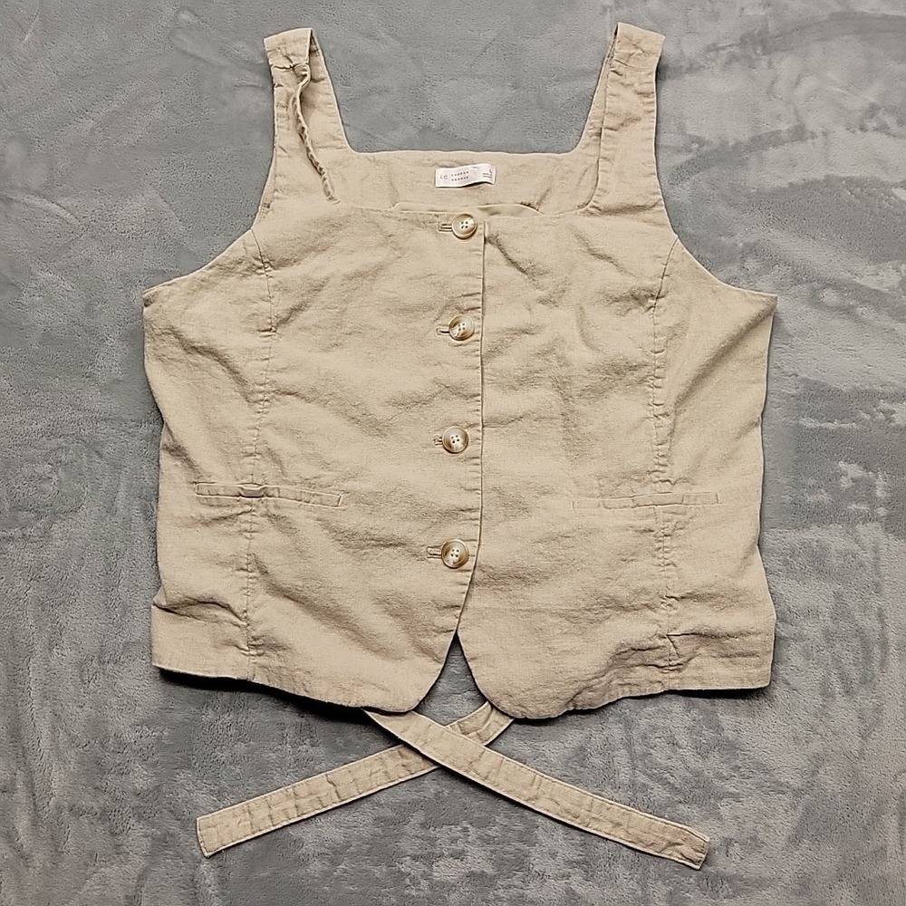 LC Lauren Conrad Shirt Womens L Tan Button Down Linen Blend Tie Back Sleeveless